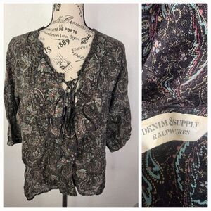 Denim & Supply Ralph Lauren Top Sz M 3/4 Sleeeve Paisley Floral Bohemian Ruffle